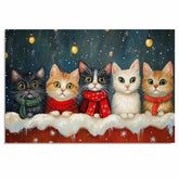 Retro Christmas Cat Print with Five Kittens in Scarves Snowy Holiday Scene Warm Festive Wall Art Perfect Gift for Cat Lovers Winter Seasonal Home Decor on Ready to Hang 1.5" Thick Canvas Wrap, Floating Framed Canvas, Flat Rolled Canvas